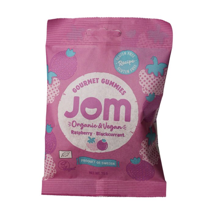 Eko & veganskt gelégodis hallon & svarta vinbär, 70g – Jom Organic