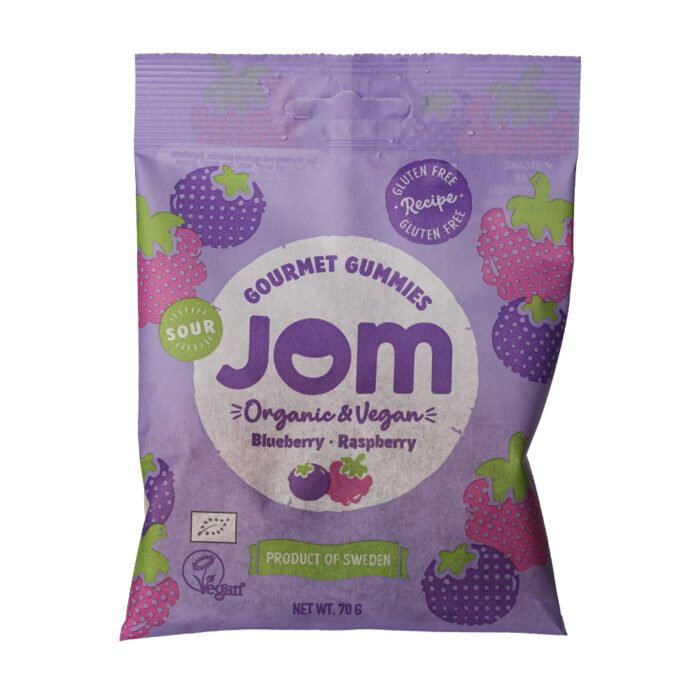 Eko & veganskt surt gelégodis blåbär & hallon, 70g – Jom Organic
