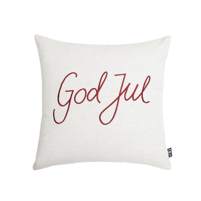 Kuddfodral God Jul, linnefärg & broderad text, återvunnet material – Wasa Ecotextil
