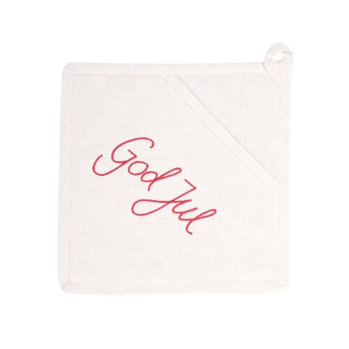 Grytlapp God Jul, linnefärg & broderad text, återvunnet material – Wasa Ecotextil