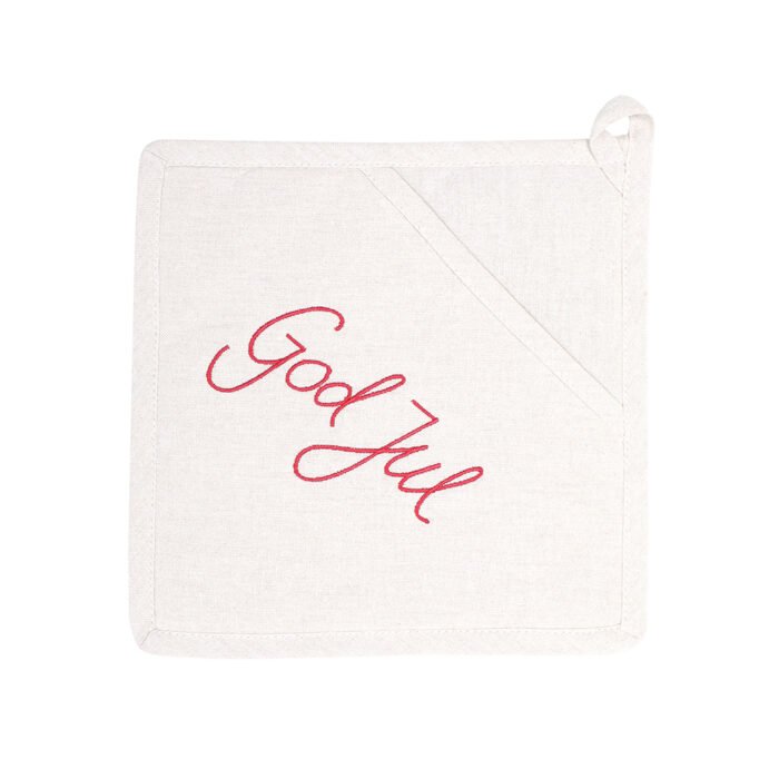 Grytlapp God Jul, linnefärg & broderad text, återvunnet material – Wasa Ecotextil